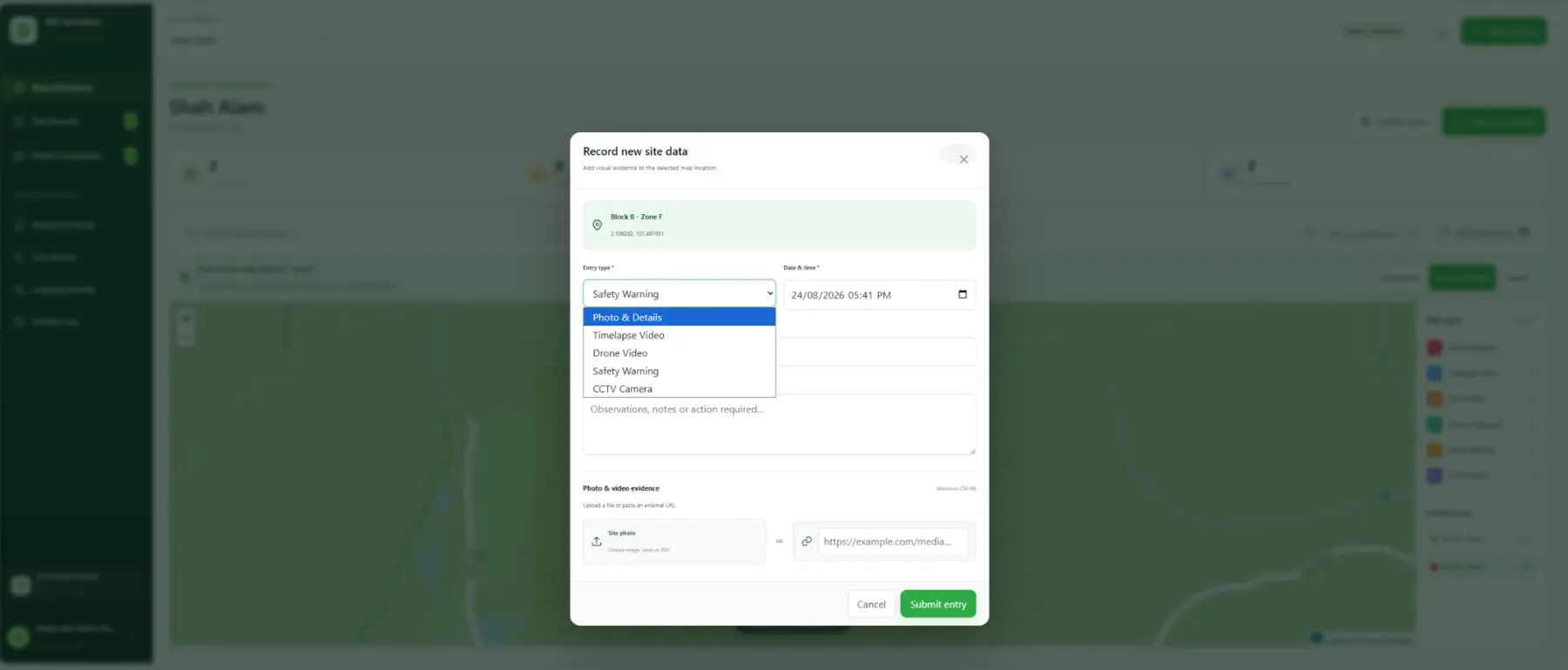New site record form in AST Site Vision